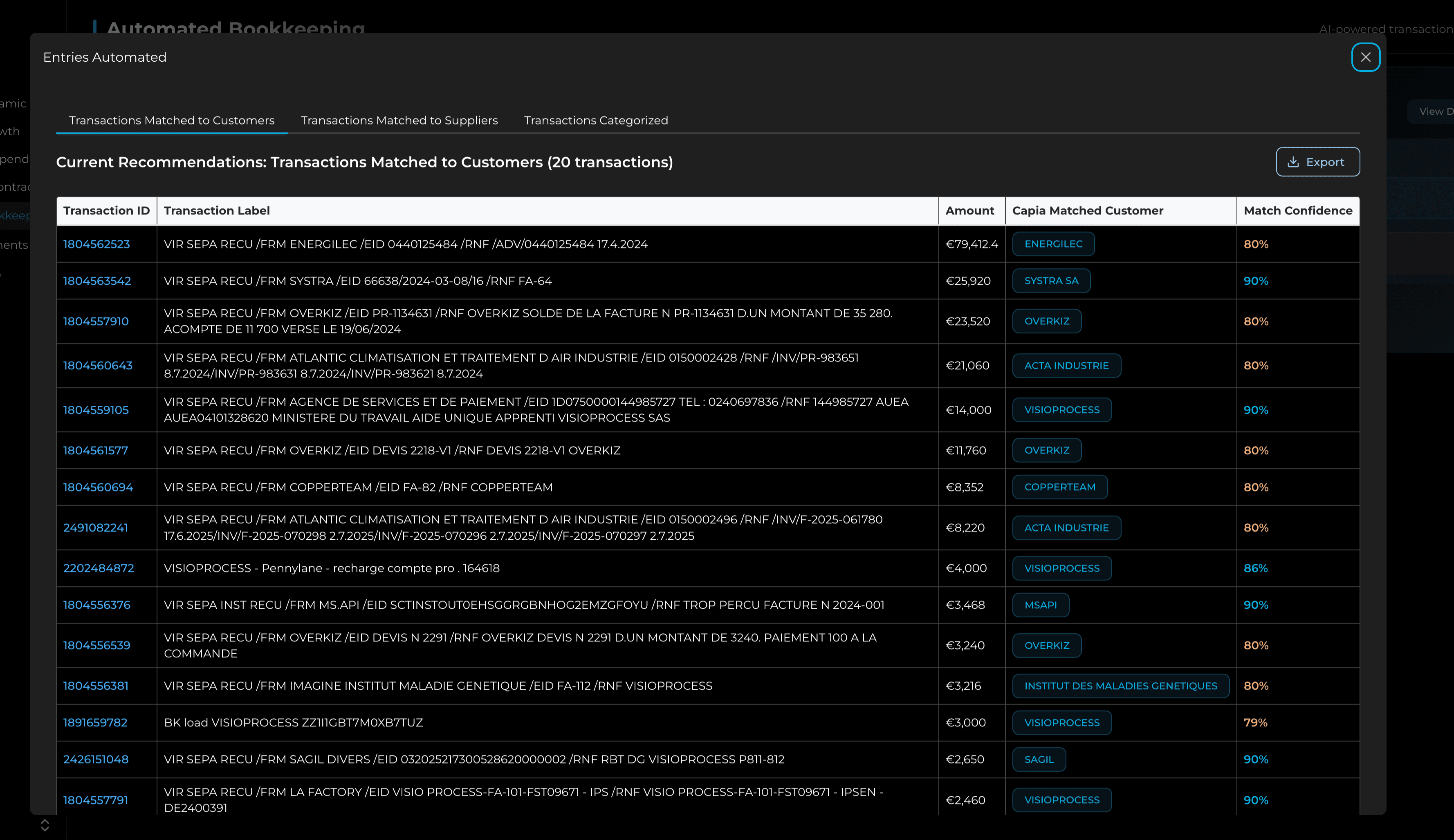 CapIA Clarity detailed bookkeeping view showing granular transaction analysis and categorization