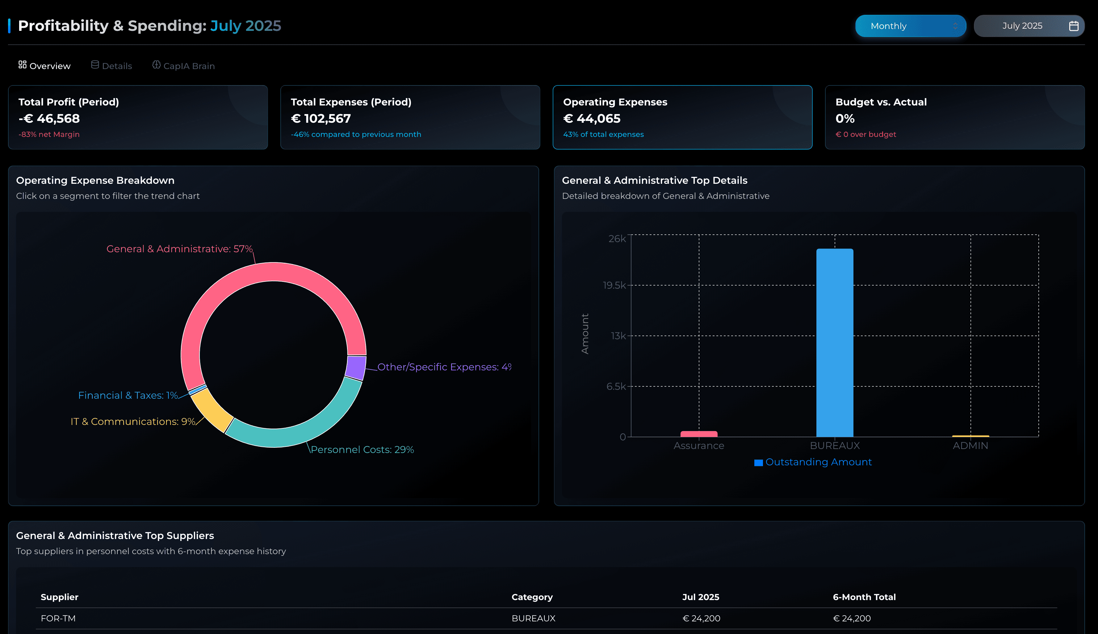 CapIA Clarity granular KPI analysis showing detailed breakdown of financial metrics and trends
